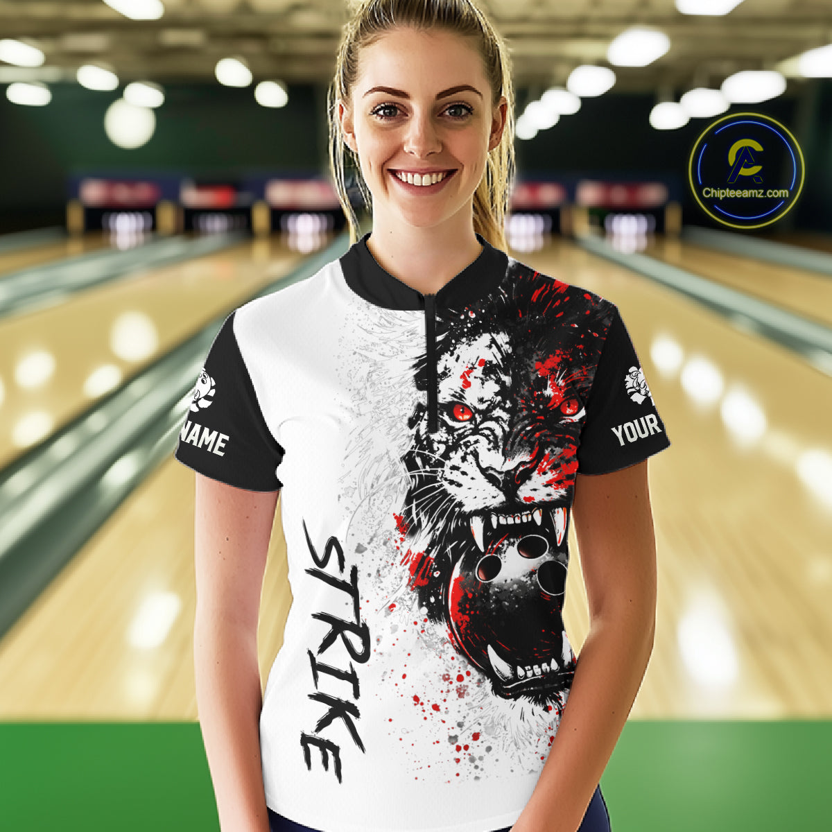 Custom Red & White Tiger Bowling Team Jersey for Women Bowling Shirt Polo & 1/4 Zip Bowling Outfit QZT841