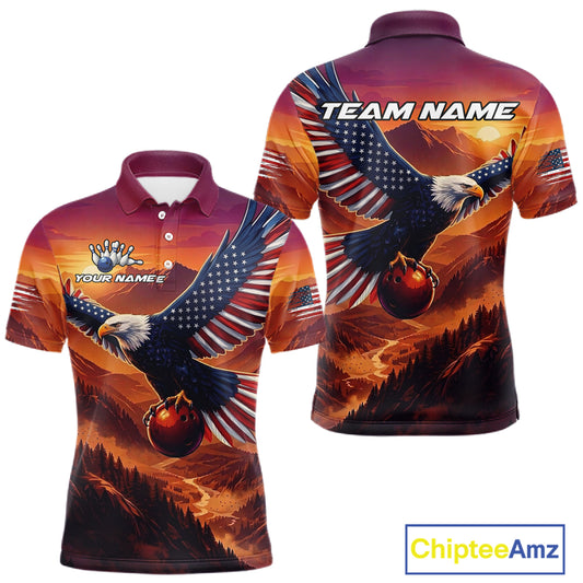Custom American Eagle Bowling Shirt for Men Sunset Bowling Jersey Patriotic Bowling Outfit QZT975