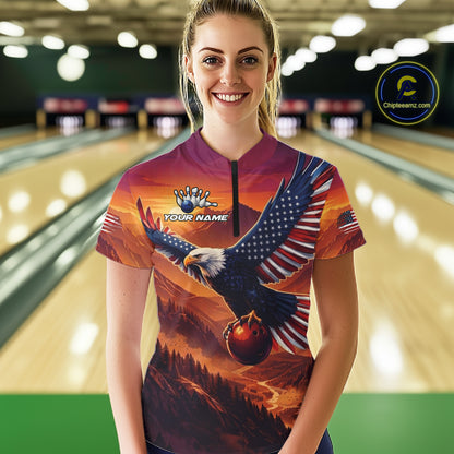 Custom American Eagle Bowling Shirt for Women Sunset Bowling Jersey Patriotic QZT975