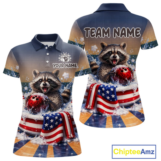 Funny US Flag Raccoon Bowling Shirt for Women Custom Patriotic Bowling Jersey QZT976