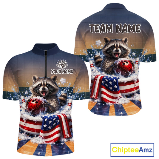 Funny Raccoon Bowling Shirt for Men Custom Patriotic Bowling Jersey US Flag Bowling Outfit QZT976