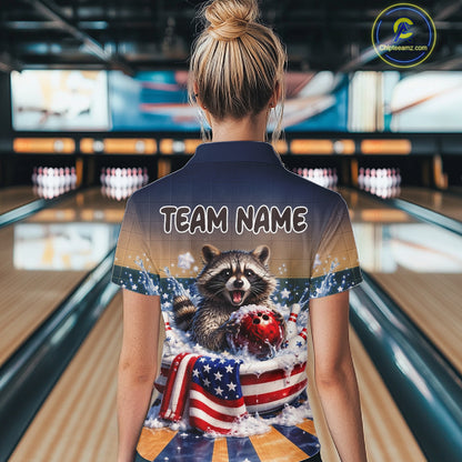 Funny US Flag Raccoon Bowling Shirt for Women Custom Patriotic Bowling Jersey QZT976