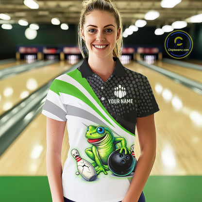 Personalized Funny Green Frog Bowling Shirt Ugly Bowling Jersey Unisex Polo for Women QZT845