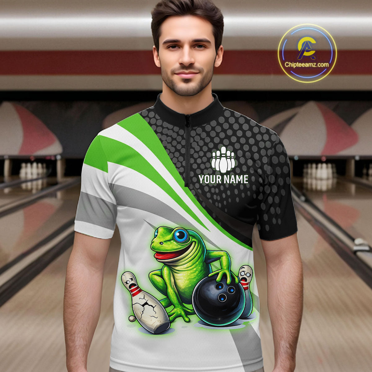 Personalized Funny Green Frog Bowling Shirt Ugly Bowling Jersey Unisex Polo for Men QZT845