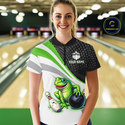Personalized Funny Green Frog Bowling Shirt Ugly Bowling Jersey Unisex Polo for Women QZT845