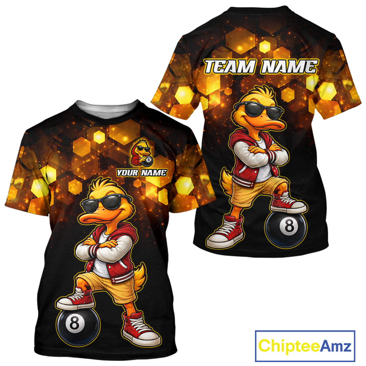 Black t-shirt with cartoon duck design and 'Team Name' text on a white background