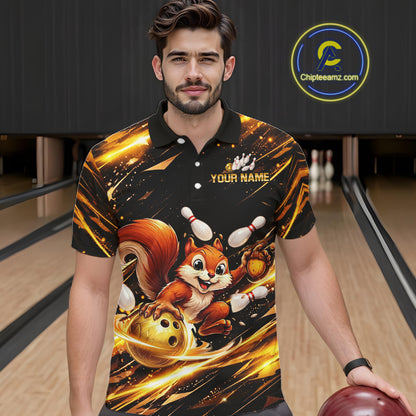 Back & Gold Squirrel Bowling Team Shirt for Men Custom Funny Bowling Jersey Polo & 1/4-Zip Bowling Outfit QZT980