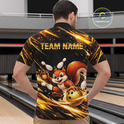 Back & Gold Squirrel Bowling Team Shirt for Men Custom Funny Bowling Jersey Polo & 1/4-Zip Bowling Outfit QZT980