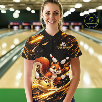 Back & Gold Squirrel Bowling Team Shirt for Women Custom Funny Bowling Jersey Polo & 1/4-Zip QZT980