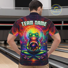 Load image into Gallery viewer, Male model wearing a custom zen frog bowling quarter-zip shirt back view displaying the personalized team name above a vibrant neon frog artwork at the bowling alley