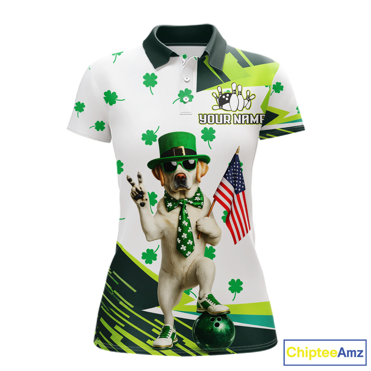 Custom Green Funny Golden Retriever Dog Bowling Shirt Samrock Pattern Bowling St. Patrick Day for Women QZT936
