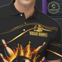 Load image into Gallery viewer, Close-up front view of custom black gold bowling polo shirt showing Your Name, fiery bowling ball graphic and gold stripe pattern