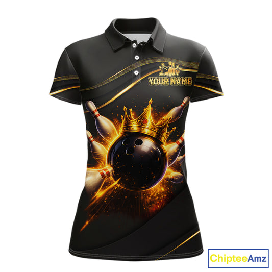 Front and back view custom black gold bowling polo shirt featuring a fiery bowling ball, flame burst effect and gold stripe pattern, displaying Your Name and Team Name