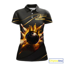 Load image into Gallery viewer, Front and back view custom black gold bowling polo shirt featuring a fiery bowling ball, flame burst effect and gold stripe pattern, displaying Your Name and Team Name