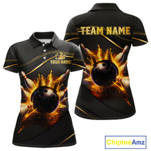 Load image into Gallery viewer, Front and back view custom black gold bowling polo shirt featuring a fiery bowling ball, flame burst effect and gold stripe pattern, displaying Your Name and Team Name