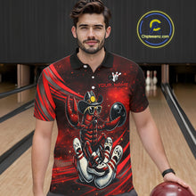 Load image into Gallery viewer, Man wearing a red and black bowling shirt with a design on a bowling alley.
