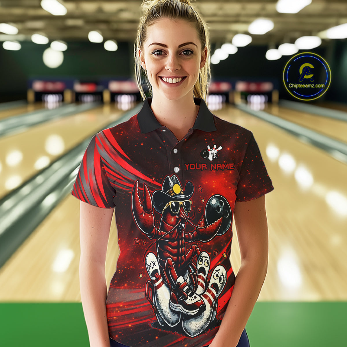 Woman wearing a custom bowling shirt with a design in a bowling alley