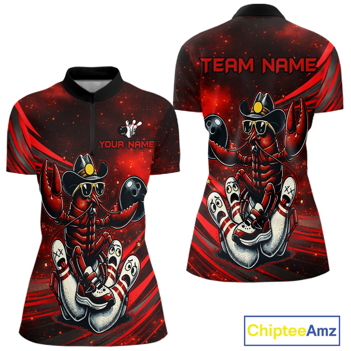 Red and black polo shirt with crawfish design and customizable text on a white background