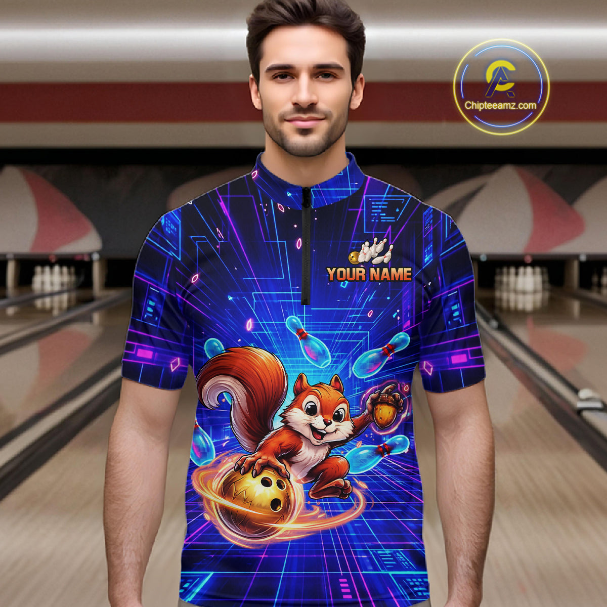 Custom Neon Funny Squirrel Bowling Shirt for Men Bowling Team Jersey Polo & Quarter-Zip Bowling Outfit QZT981