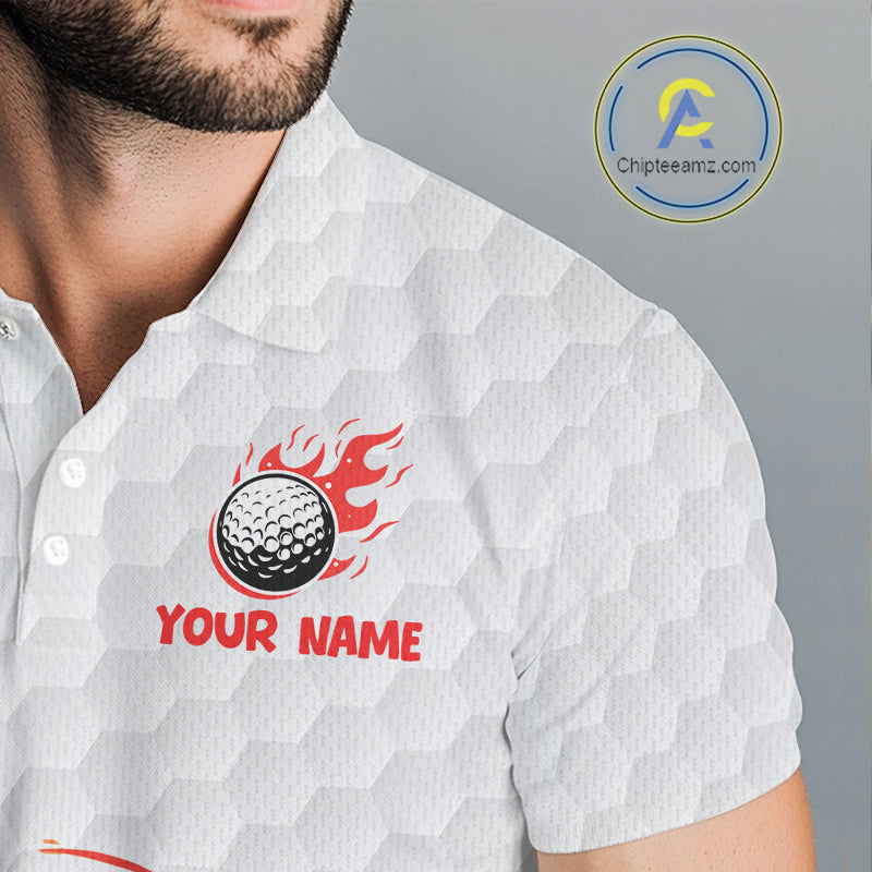 Funny Mens Golf Polo Shirt Custom Orange And White Fire Flame Hot Dog Pattern White Golf Shirts NHN0001
