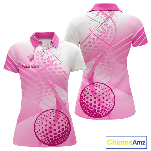 Pink White Womens Golf Polo Shirts Custom Name Golf Shirts For Women Personalized Golf Ball Gifts  NHN0019