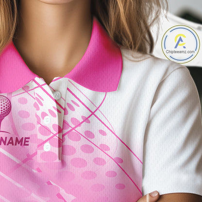 Pink White Womens Golf Polo Shirts Custom Name Golf Shirts For Women Personalized Golf Ball Gifts  NHN0019