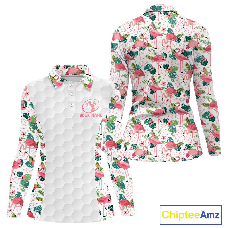 Womens Long Sleeve Golf Polo Shirt Floral Flamingo Pattern Tropical Leaves Custom Team Golf Polo NHN0021