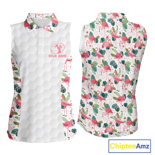 Womens Sleeveless Golf Polo Shirt Floral Flamingo Pattern Tropical Leaves Custom Team Golf Polo NHN0021