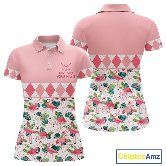 Flamingo Argyle Pattern Womens Golf Polo Shirt Funny Floral Custom Golf Shirt Unique Golfer Gift Apparel NHN0022