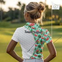 Load image into Gallery viewer, Custom Womens Golf Polo Shirt, Green Tropical Pink Flamingo Pattern Personalized Ladies Golf Top NHN0023
