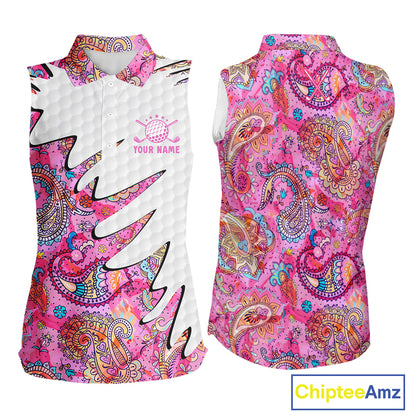 Pink Paisley Pattern Womens Sleeveless Golf Polo Shirt Custom Tropical Golf Attire For Ladies NHN0149