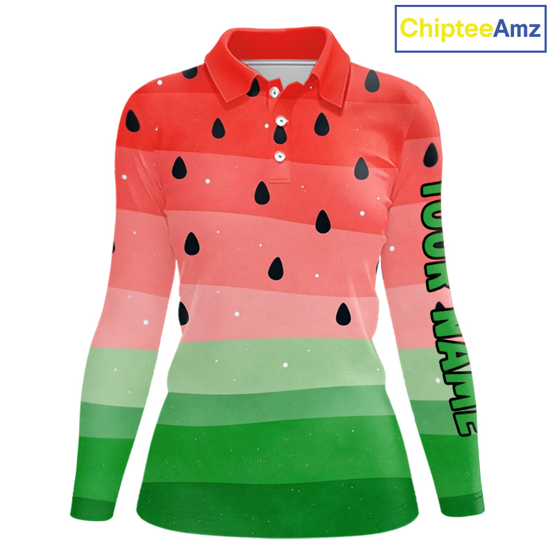 Watermelon Polo Shirt, Funny Womens Long Sleeve Golf Polo Shirt Custom Golf Attire For Ladies NHN0152
