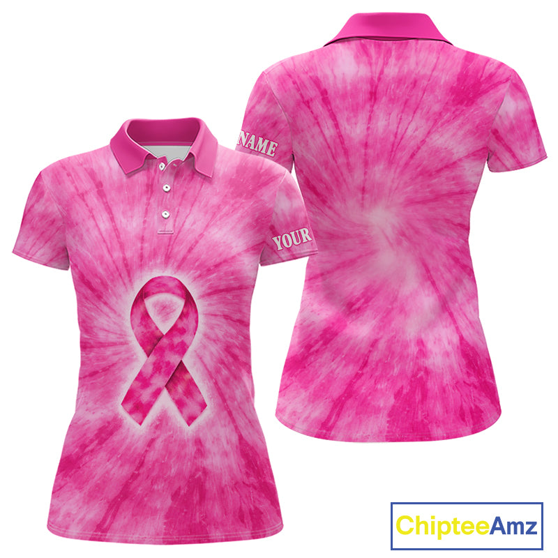Pink Breast Cancer Golf Shirt Custom Women Golf Polo Shirt Tie Dye Pattern Personalized Golf Gifts NHN0153