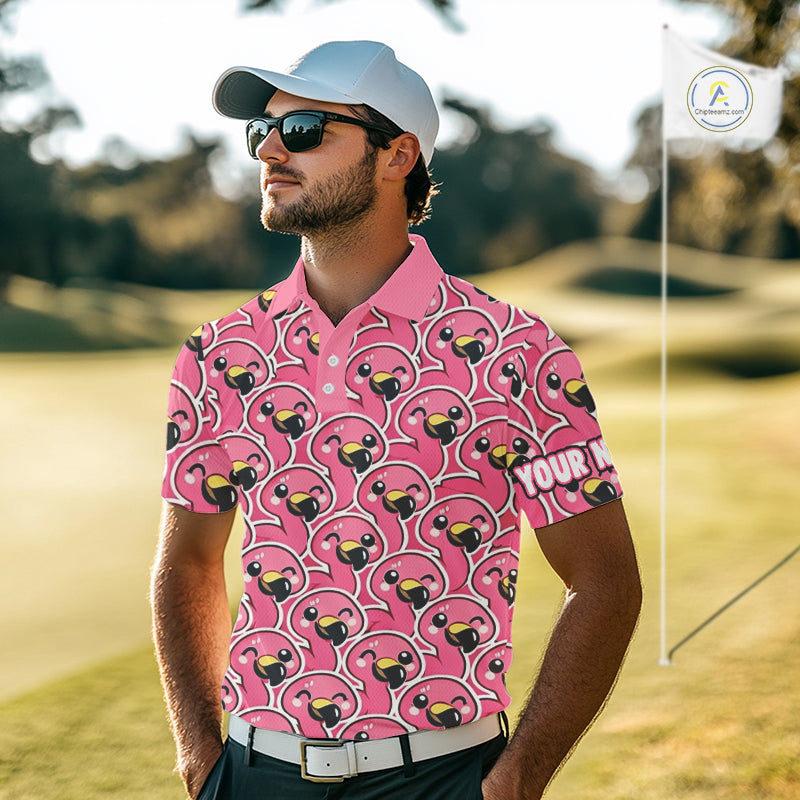 Pink Flamingo Pattern Mens Golf Polo Shirts Custom Name Funny Team Golf Tops For Men, Golf Gifts NHN0160