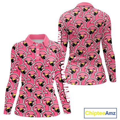 Pink Flamingo Pattern Womens Long Sleeve Golf Polo Shirts Custom Name Funny Team Ladies Golf Tops NHN0160