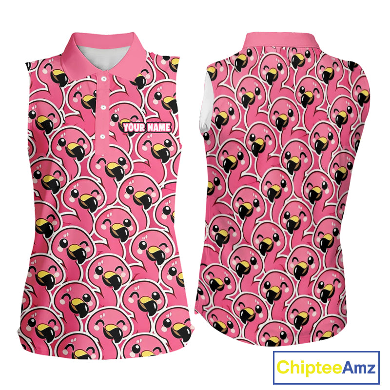 Pink Flamingo Pattern Womens Sleeveless Golf Polo Shirts Custom Name Funny Team Ladies Golf Tops NHN0160