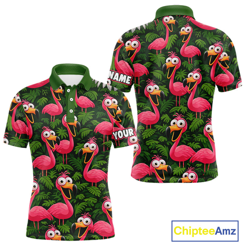 Tropical Flamingo Pattern Mens Golf Polo Shirts Custom Funny Team Golf Tops For Men, Golf Gifts NHN0162