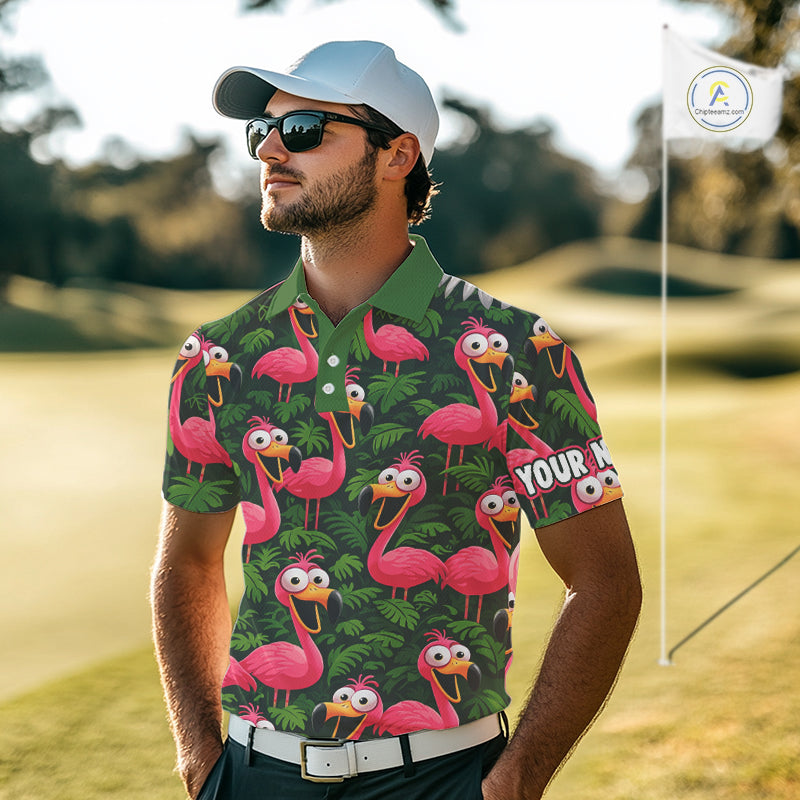 Tropical Flamingo Pattern Mens Golf Polo Shirts Custom Funny Team Golf Tops For Men, Golf Gifts NHN0162