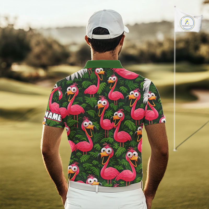Tropical Flamingo Pattern Mens Golf Polo Shirts Custom Funny Team Golf Tops For Men, Golf Gifts NHN0162