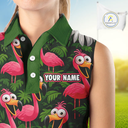Tropical Flamingo Pattern Womens Sleeveless Golf Polo Shirts Custom Funny Team Ladies Golf Tops NHN0162