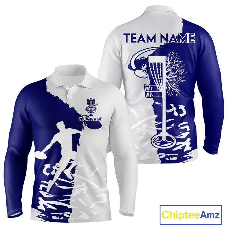 Mens Disc Golf Polo Shirt Custom Name White And Blue Disc Golf Basket Personalized Disc Golf Shirts NHN0033