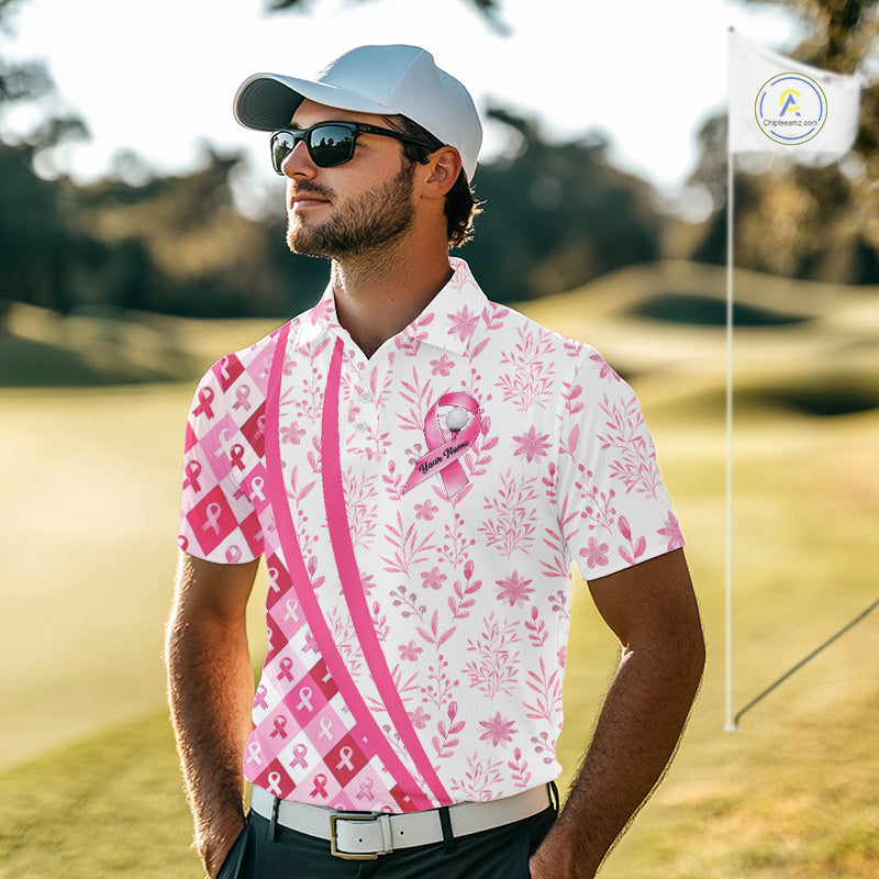 Pink Plaid Mens Golf Polo Shirt Custom Pink Ribbon Breast Cancer Awareness Team Golf Tops, Golf Gifts NHN0164