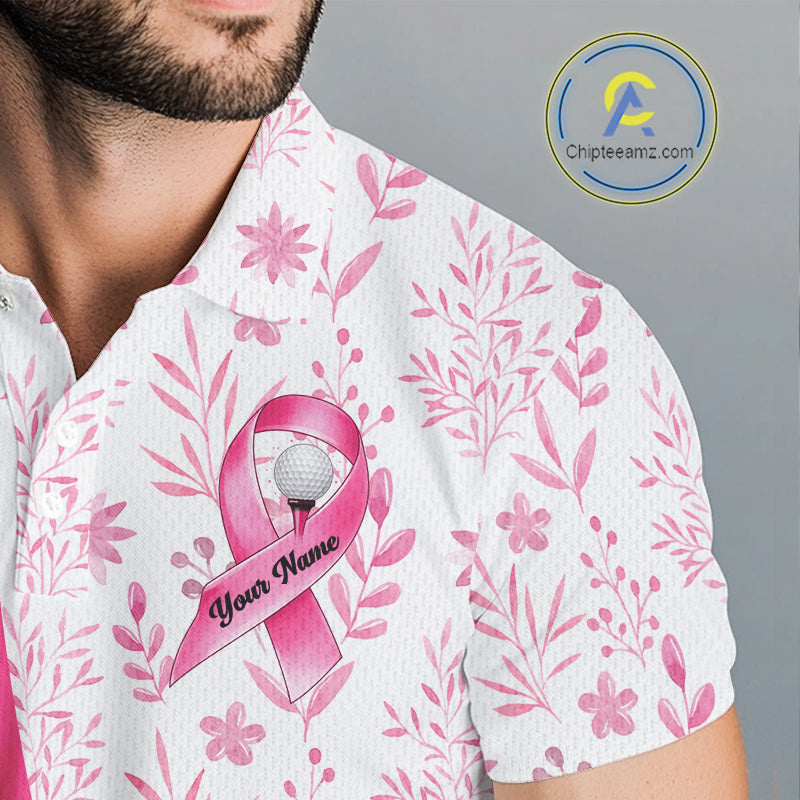 Pink Plaid Mens Golf Polo Shirt Custom Pink Ribbon Breast Cancer Awareness Team Golf Tops, Golf Gifts NHN0164