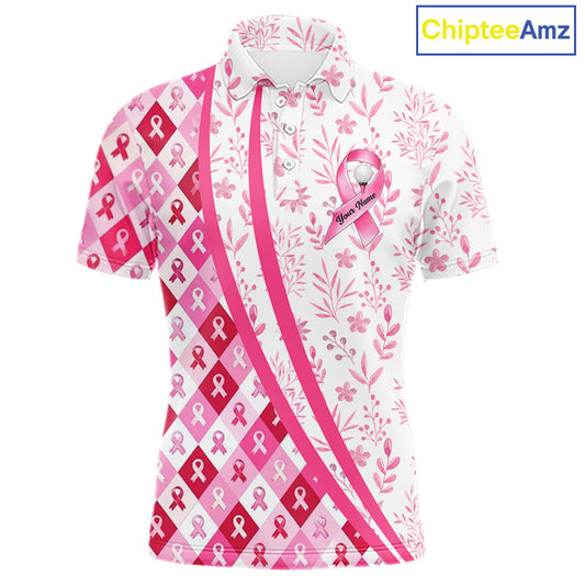 Pink Plaid Mens Golf Polo Shirt Custom Pink Ribbon Breast Cancer Awareness Team Golf Tops, Golf Gifts NHN0164