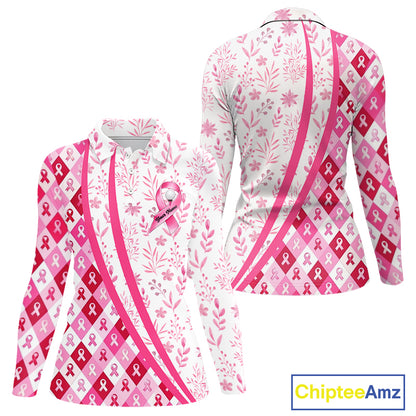 Plaid Womens Long Sleeve Golf Polo Shirt Custom Pink Ribbon Breast Cancer Awareness Team Golf Tops NHN0164