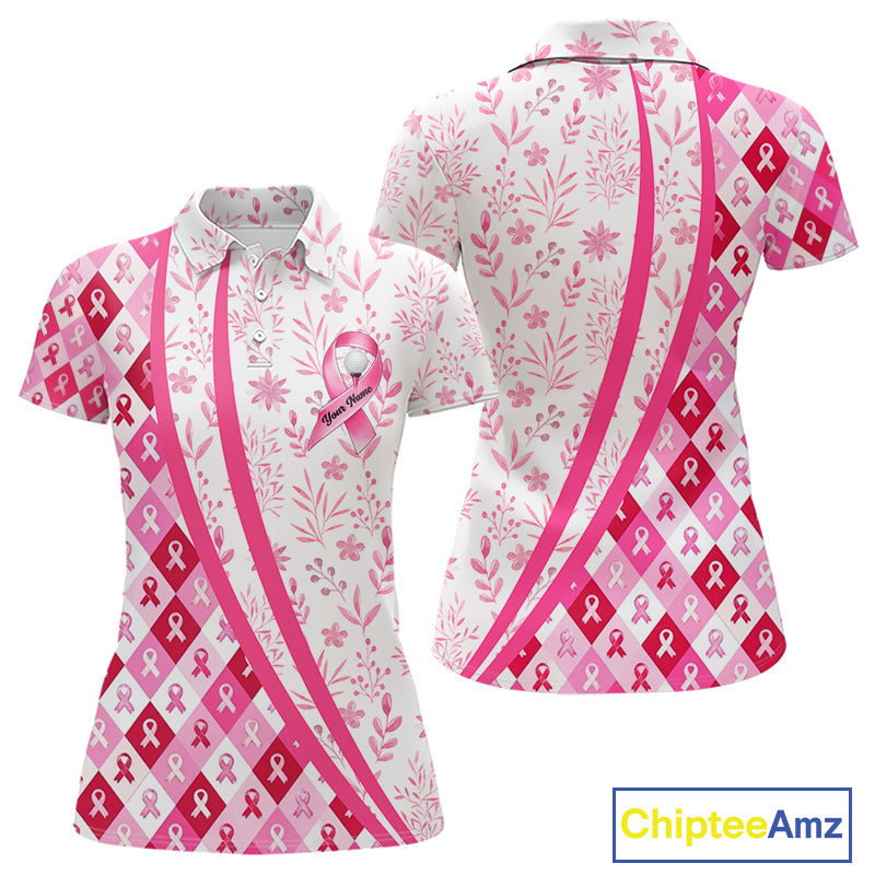 Pink Plaid Womens Golf Polo Shirt Custom Pink Ribbon Breast Cancer Awareness Team Golf Tops NHN0164
