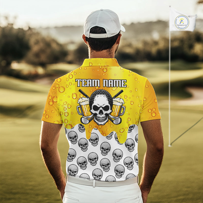 Beer Skull Mens Golf Polo Shirt Custom Name Funny Team Golf Tops For Men, Golfer Gifts NHN0166