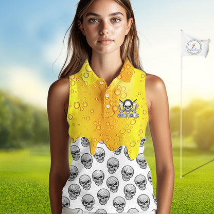 Beer Skull Womens Sleeveless Golf Polo Shirt Custom Name Funny Team Golf Tops For Ladies, Golfer Gifts NHN0166