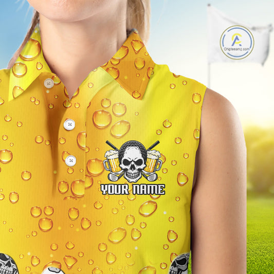 Beer Skull Womens Sleeveless Golf Polo Shirt Custom Name Funny Team Golf Tops For Ladies, Golfer Gifts NHN0166