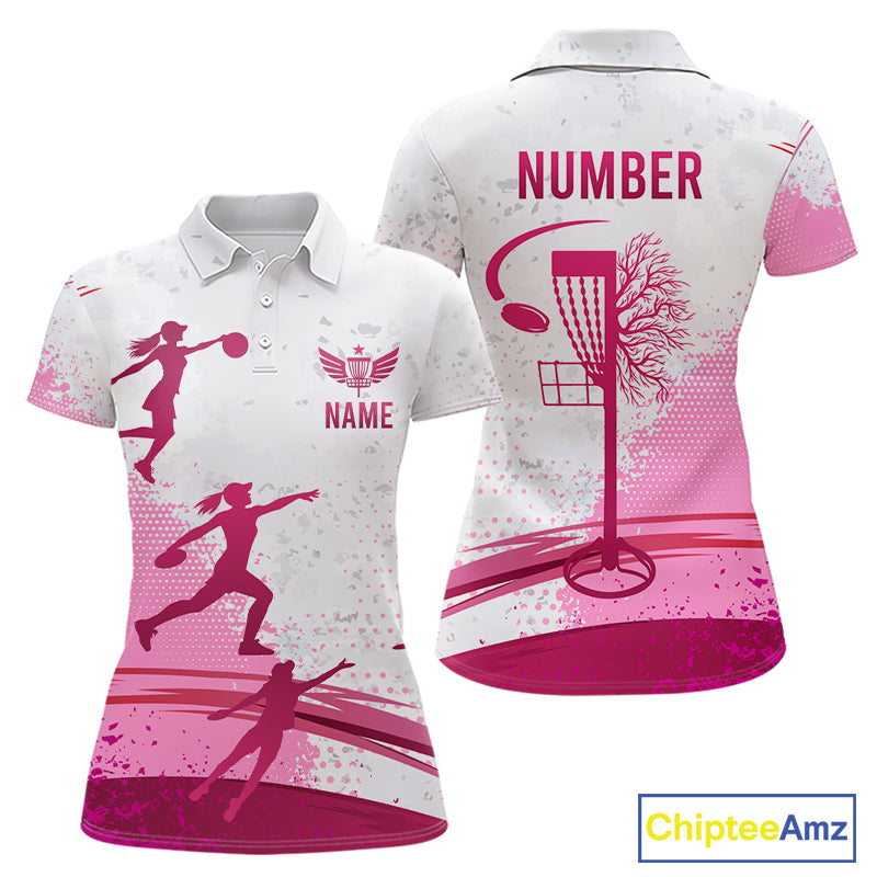 Pink Disc Golf Basket Womens Polo Shirt Custom Name & Number Team Disc Golf Shirt NHN0035